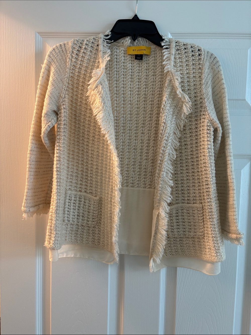 St. John Cream Fringe-Trim Open Cardigan